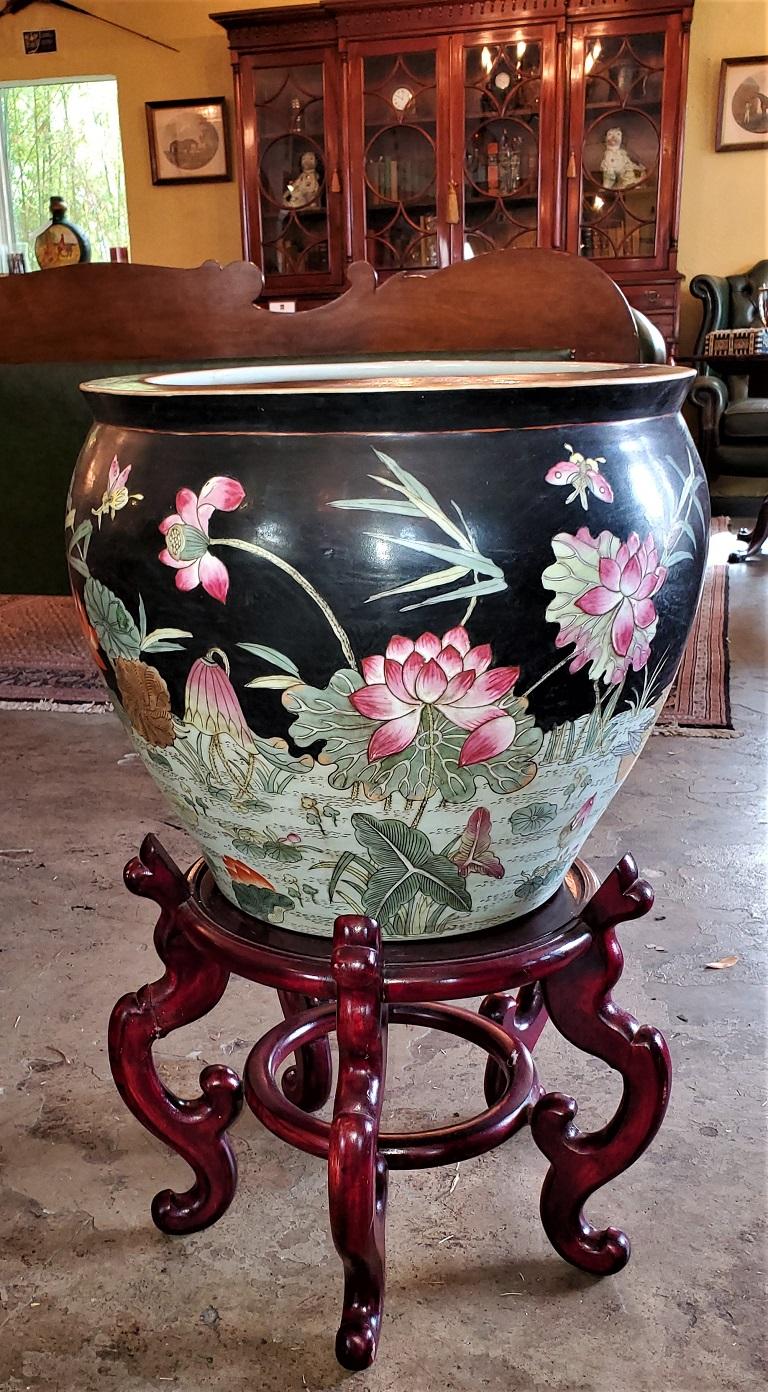 Chinese Export Chinese Famille Noir Fish Bowl Side Table with Stand