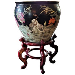 Vintage Chinese Famille Noir Fish Bowl Side Table with Stand