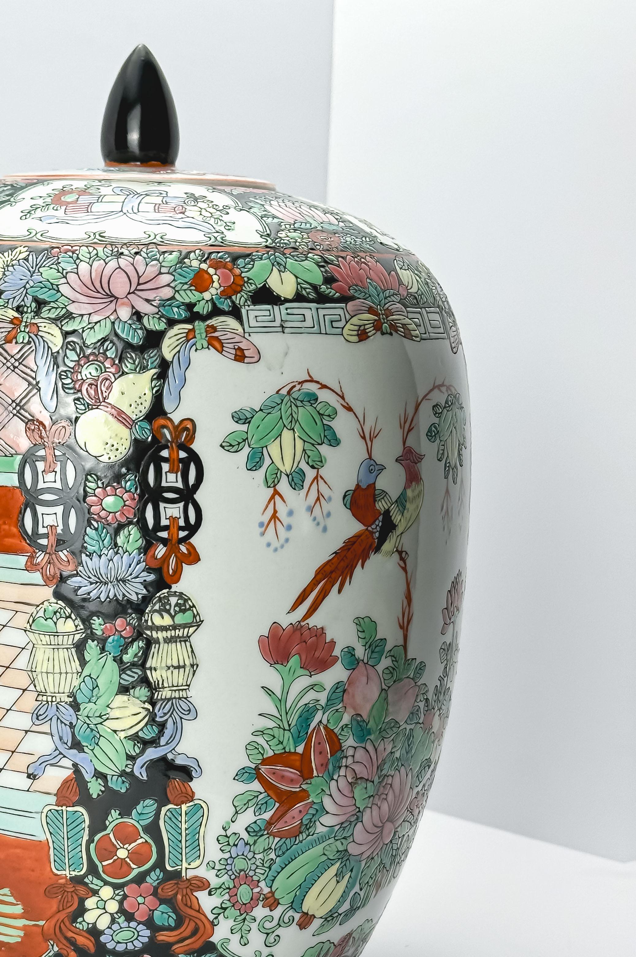 Enameled Large Porcelain Ginger Jar, Famille Noire, China c1930s For Sale