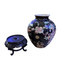 Chinese Famille Noire Enameled Black Porcelain Vase Ginger Jar With Wood Stand