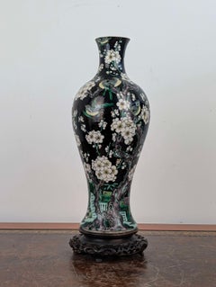 Chinese Famille Noire Porcelain Baluster Vase with Prunus and Birds, Late Qing
