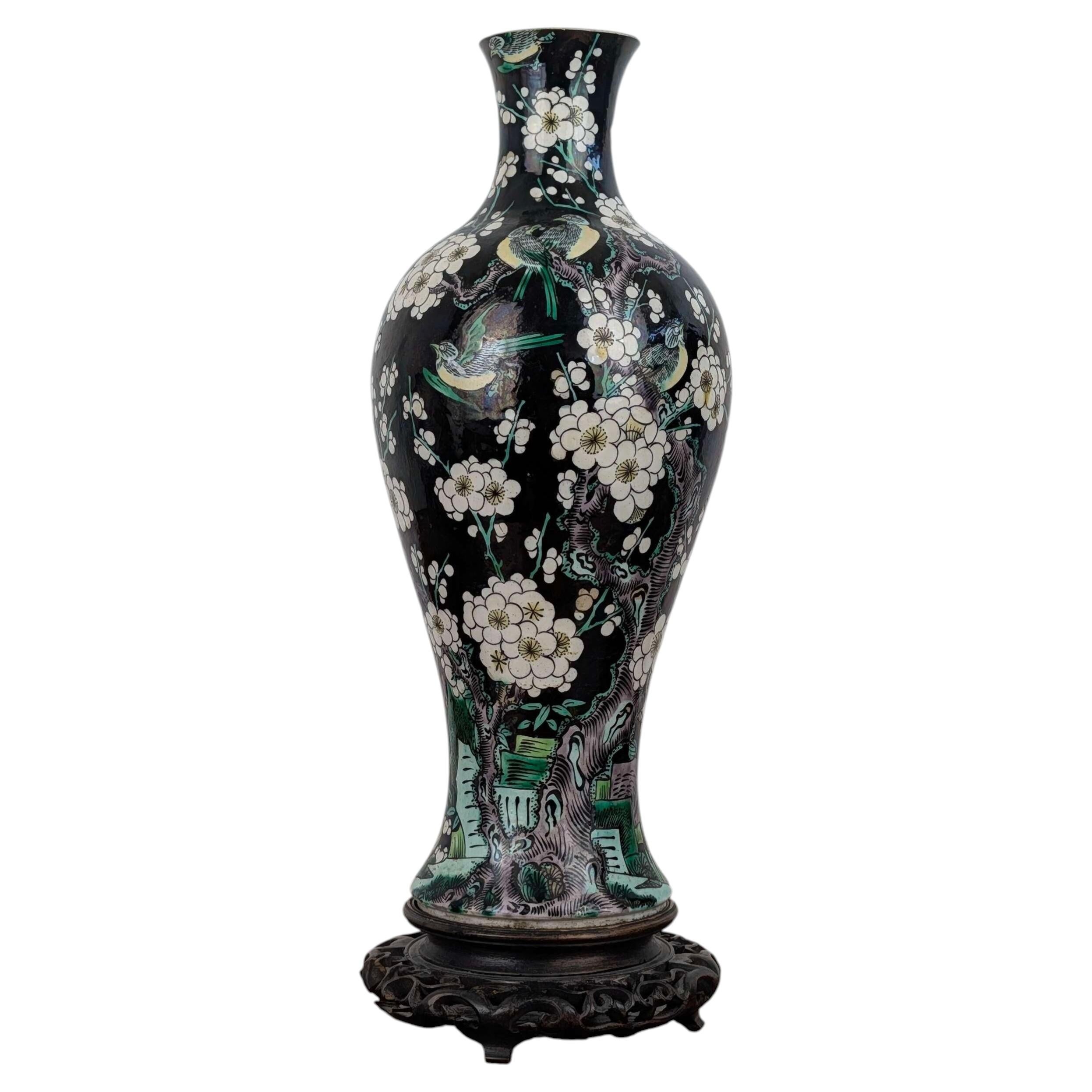 Chinese Famille Noire Porcelain Baluster Vase with Prunus and Birds, Late Qing