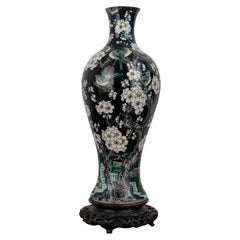 Chinese Famille Noire Porcelain Baluster Vase with Prunus and Birds, Late Qing