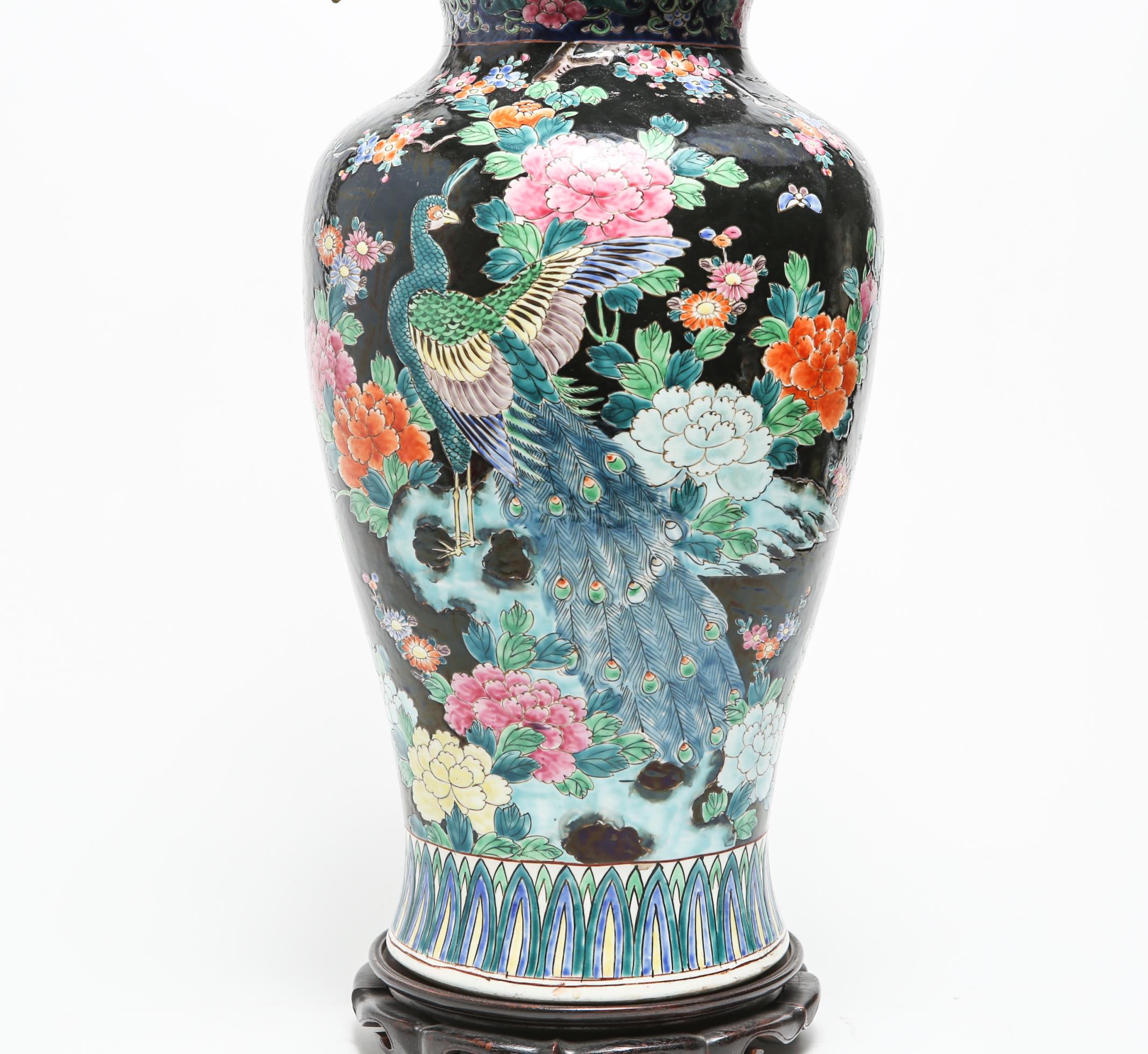 Chinese Export Chinese Famille Noire Porcelain Floral Motif Balluster Jar Mounted as Table Lamp