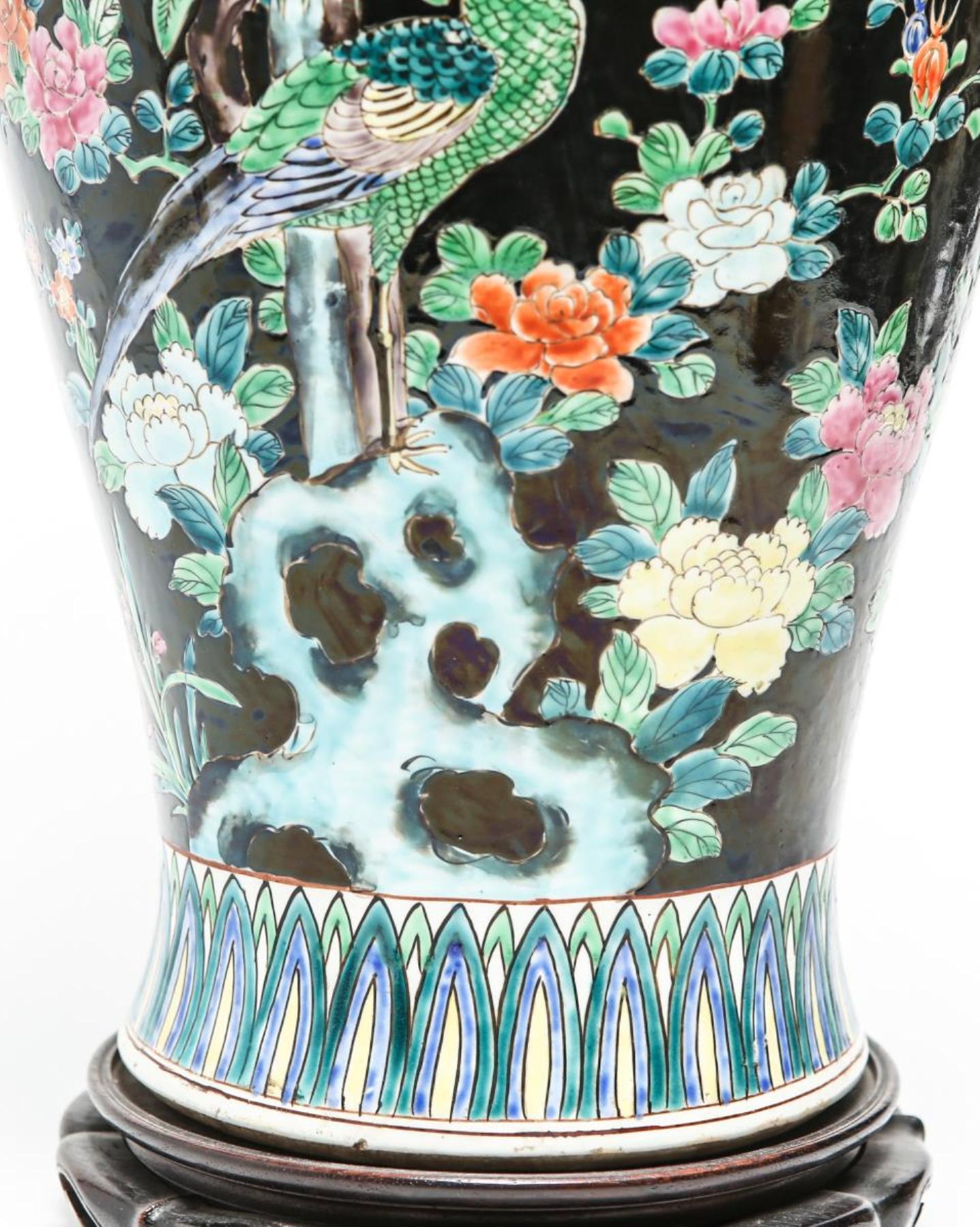 Chinese Famille Noire Porcelain Floral Motif Balluster Jar Mounted as Table Lamp In Good Condition In Astoria, NY
