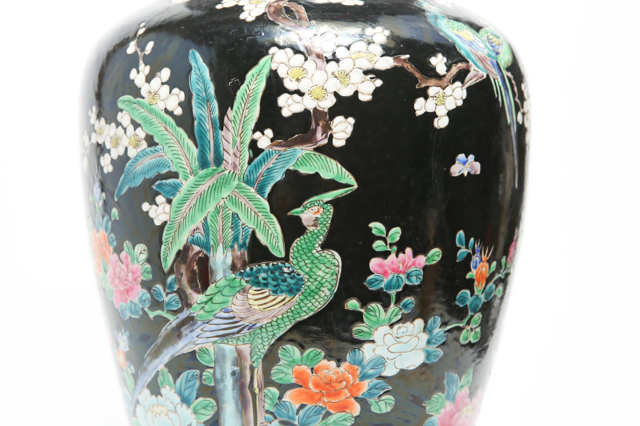 19th Century Chinese Famille Noire Porcelain Floral Motif Balluster Jar Mounted as Table Lamp
