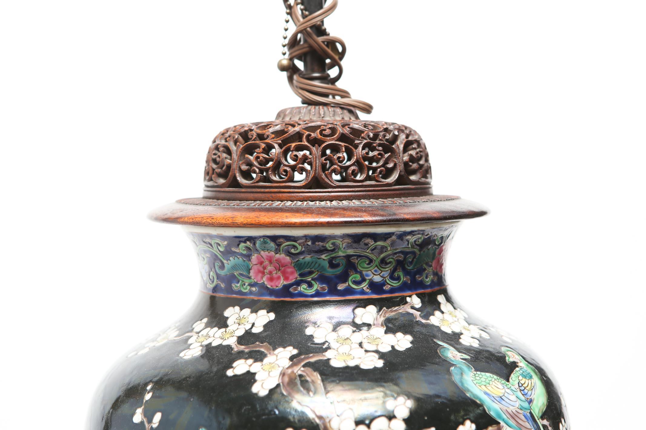 Chinese Famille Noire Porcelain Floral Motif Balluster Jar Mounted as Table Lamp 1