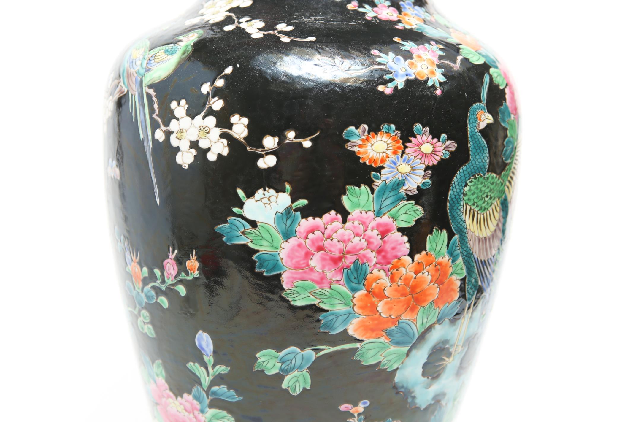 Chinese Famille Noire Porcelain Floral Motif Balluster Jar Mounted as Table Lamp 2