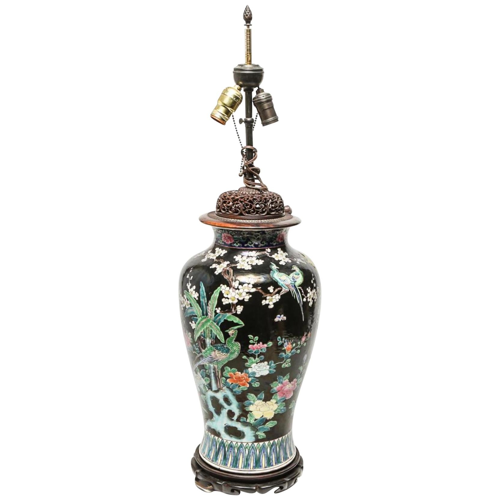 Chinese Famille Noire Porcelain Floral Motif Balluster Jar Mounted as Table Lamp