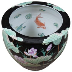 Chinese Famille Noire Porcelain Koi Lily Fish Bowl Planter Jardiniere Pot