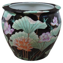 Retro Chinese Famille Noire Porcelain Koi Lily Fish Bowl Planter Jardiniere Pot