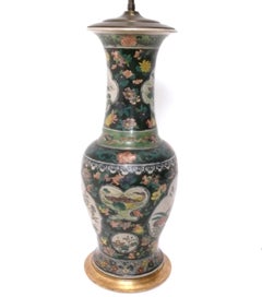 Chinese Famille Noire Porcelain Lamp with Gilt Wood Base Antique Rewired