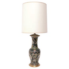 Chinese Famille Noire Porcelain Lamp with Gilt Wood Base Antique Rewired