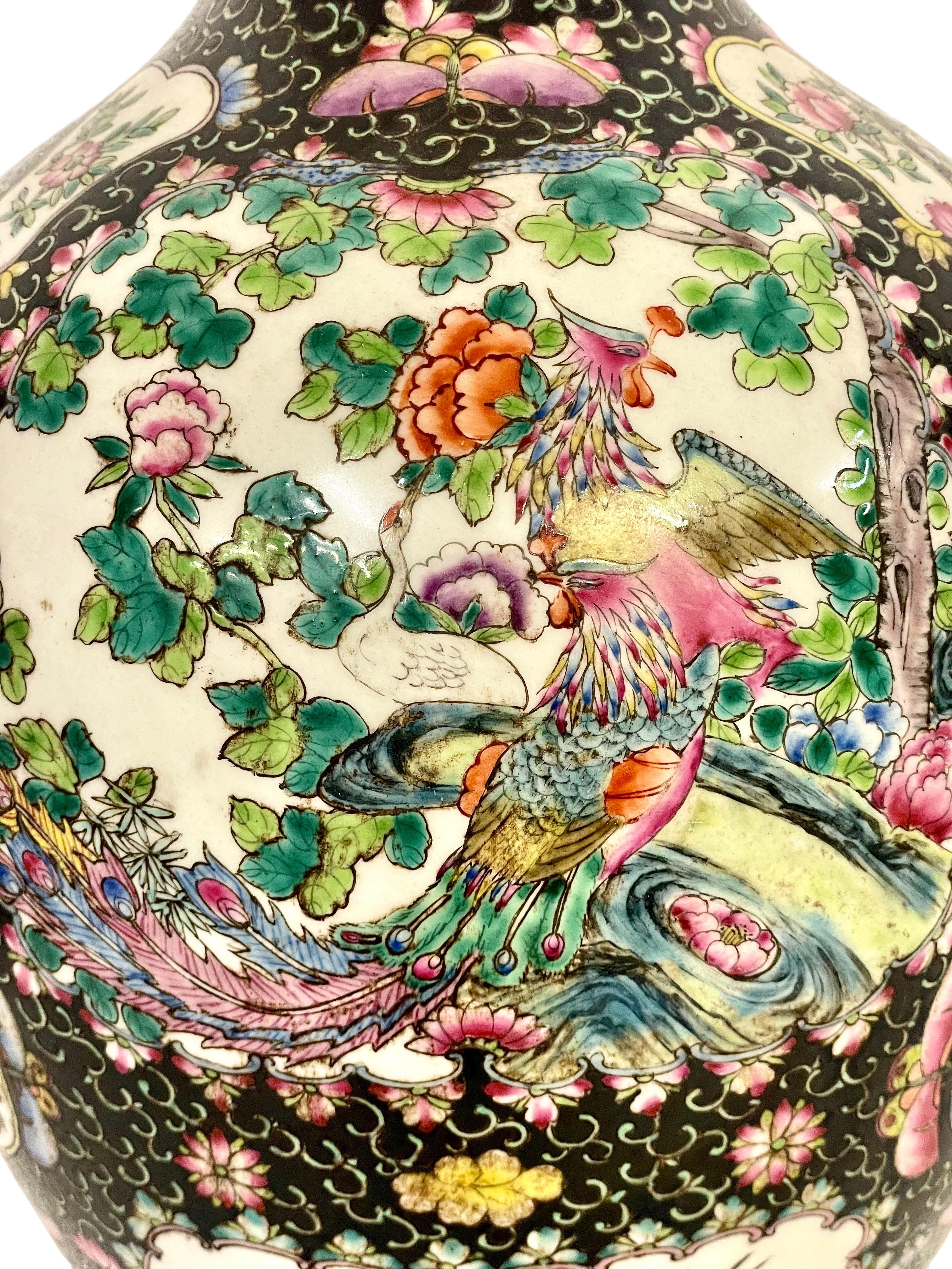 20th Century Large Chinese Famille Noire Porcelain Vase with Decoration of Birds For Sale