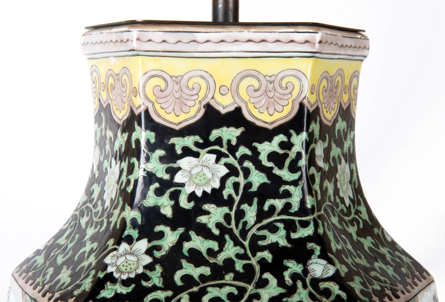 Hand-Painted Chinese Famille Noire Vase or Lamp For Sale