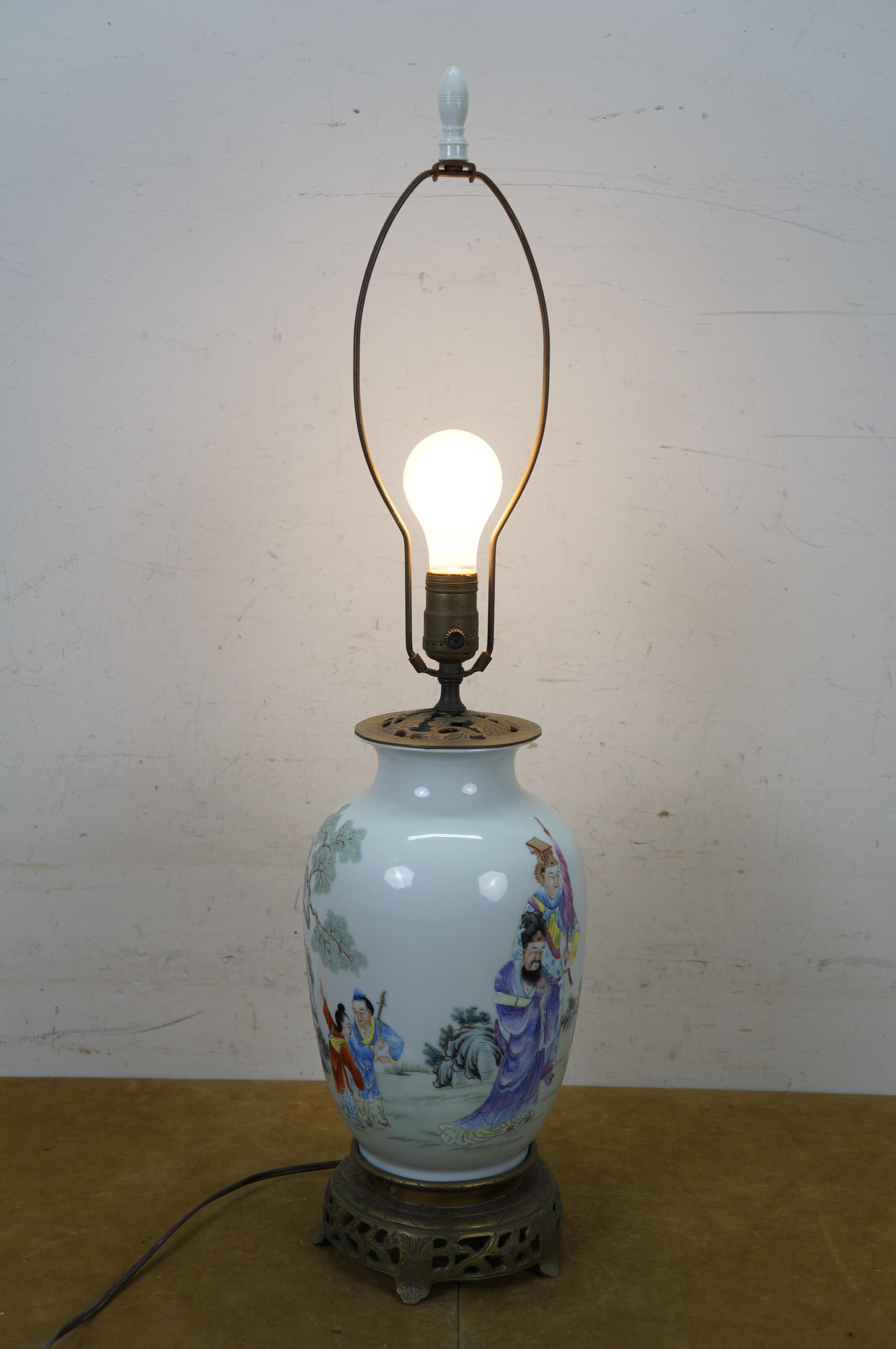 Chinese Famille Porcelain Ginger Jar Mantel Vase Urn Scholar Warrior Lamp 29