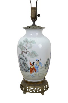 Chinese Famille Porcelain Ginger Jar Mantel Vase Urn Scholar Warrior Lamp 29"