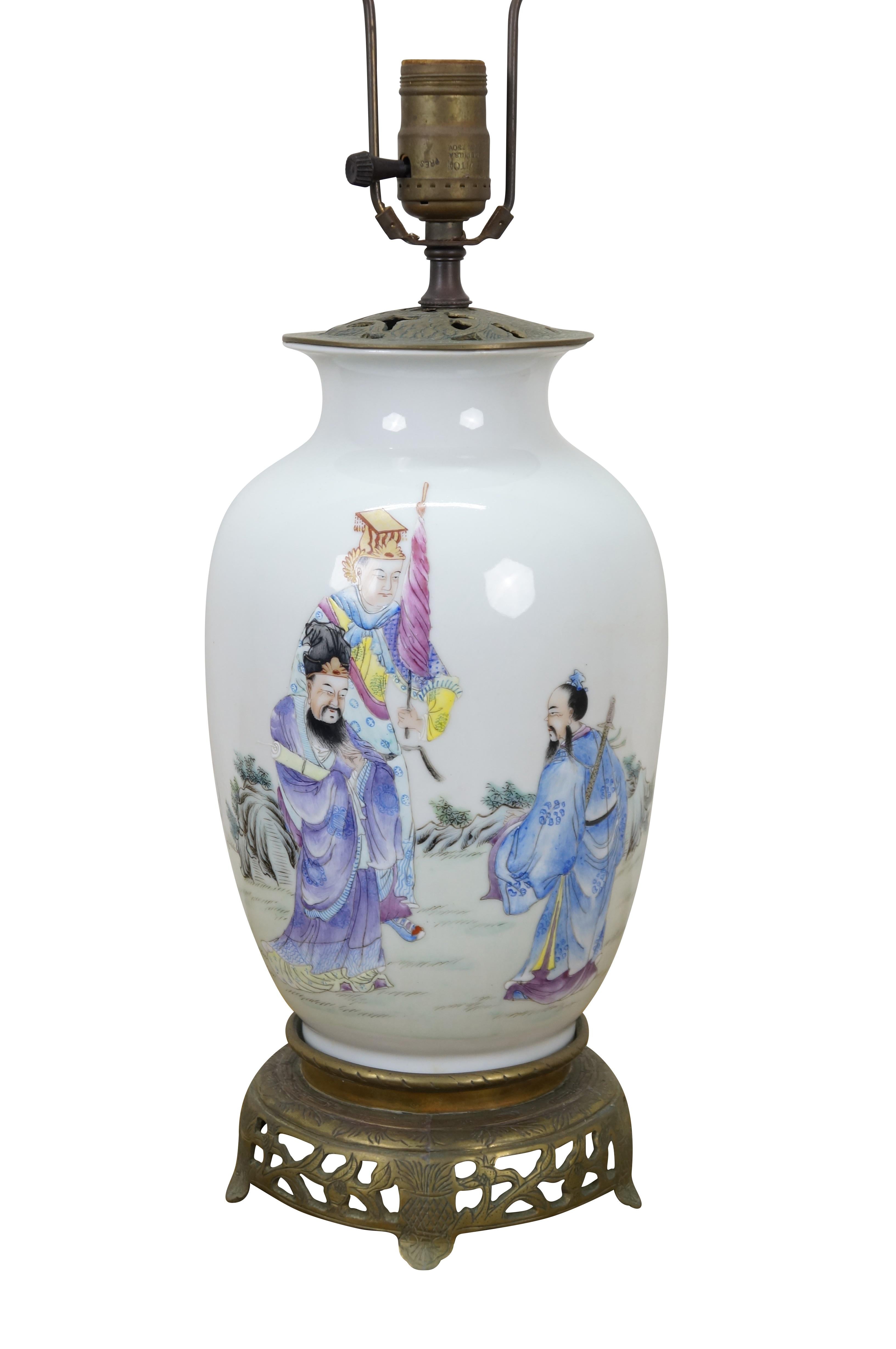Chinoiserie Chinese Famille Porcelain Ginger Jar Mantel Vase Urn Scholar Warrior Lamp 29