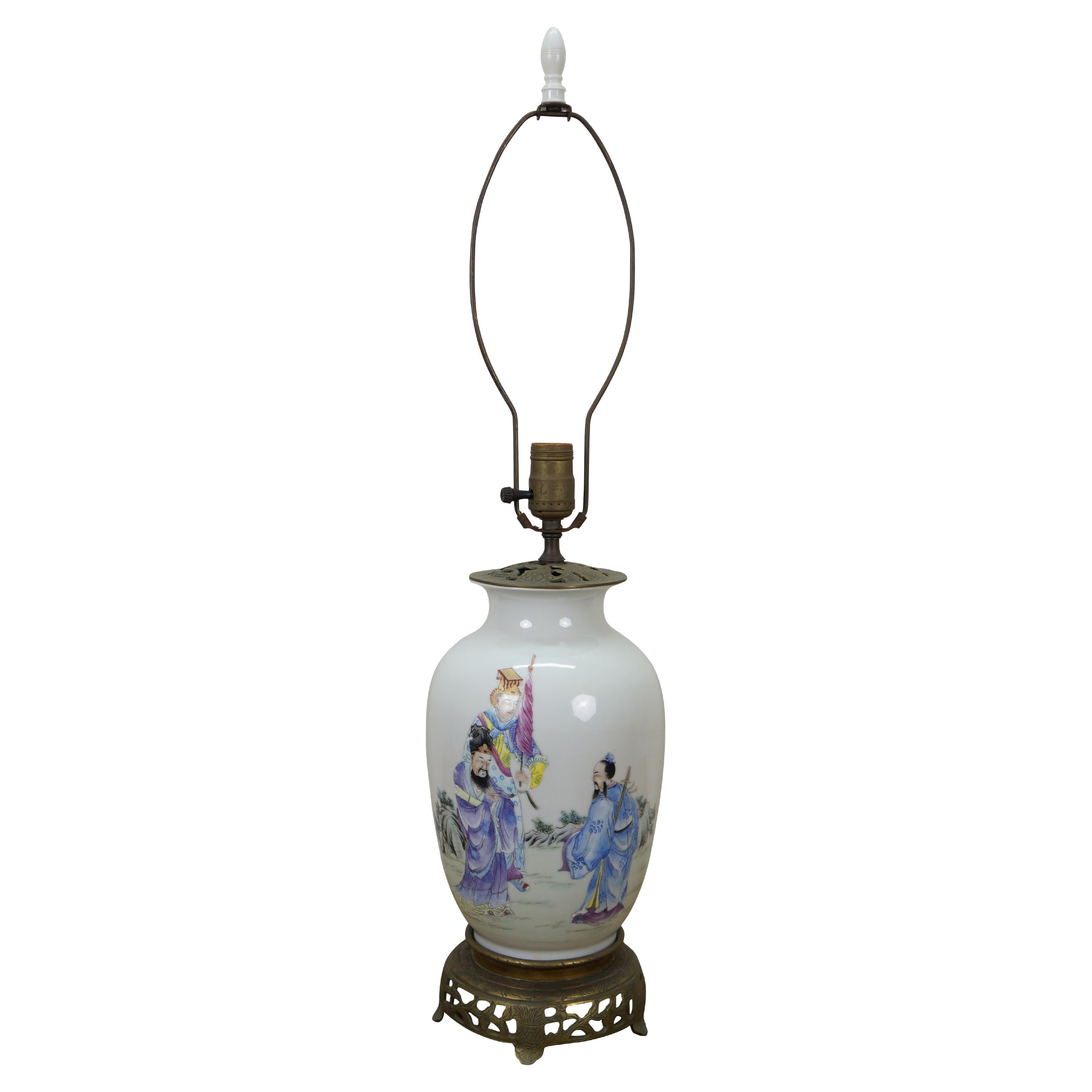 Chinese Famille Porcelain Ginger Jar Mantel Vase Urn Scholar Warrior Lamp 29" For Sale