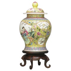 Vintage Chinese Famille Rose Baluster Jar and Cover on Stand