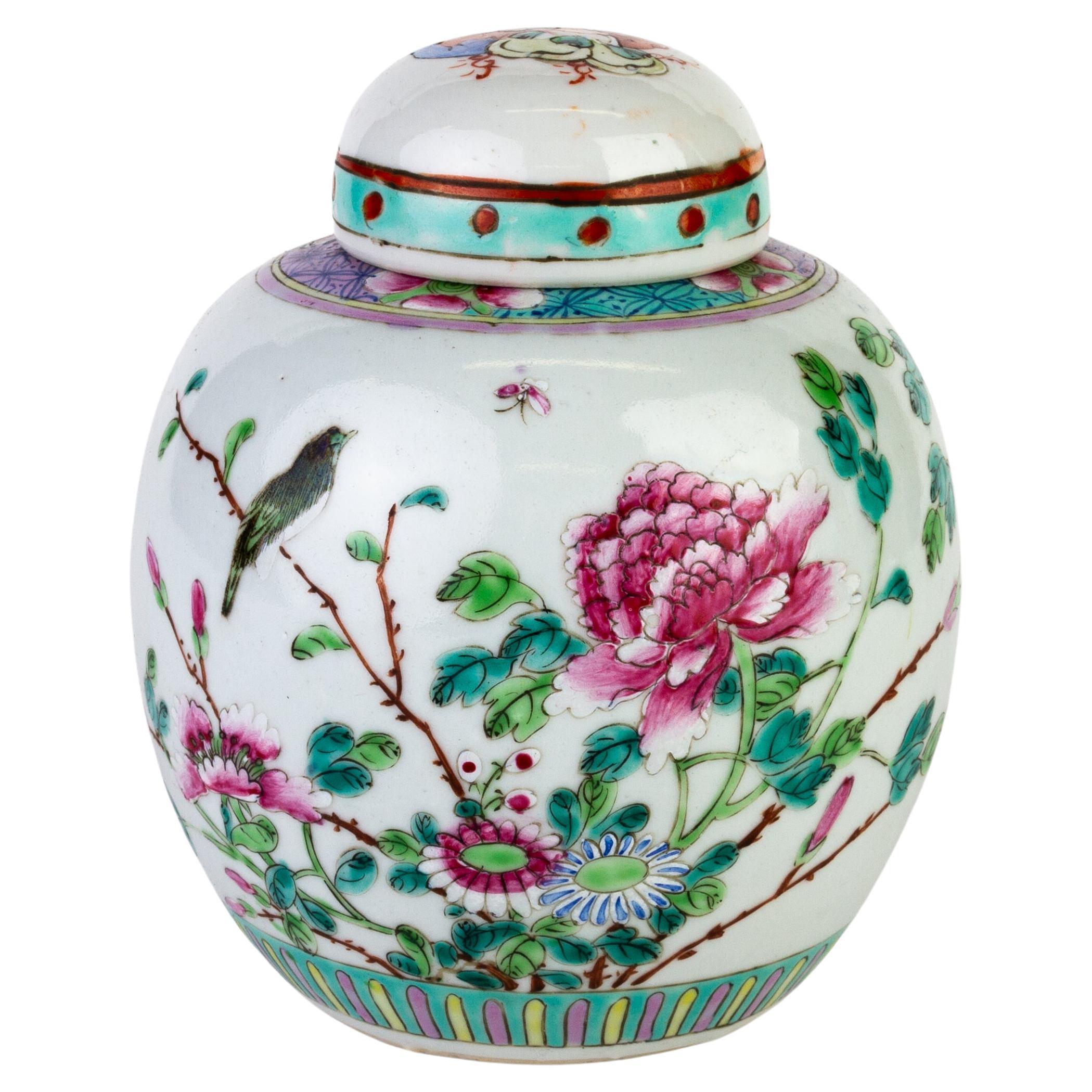 Chinese Famille Rose Blossoms & Bird Porcelain Ginger Jar  For Sale