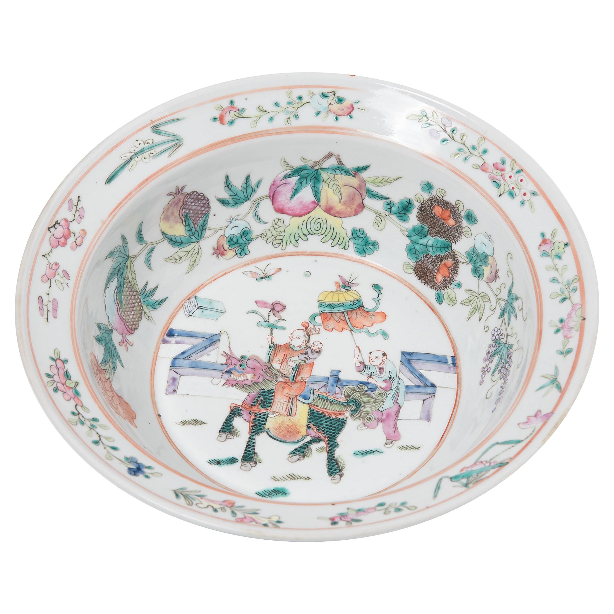Chinese Famille Rose Bowl with Offering Fruits, c. 1900 For Sale