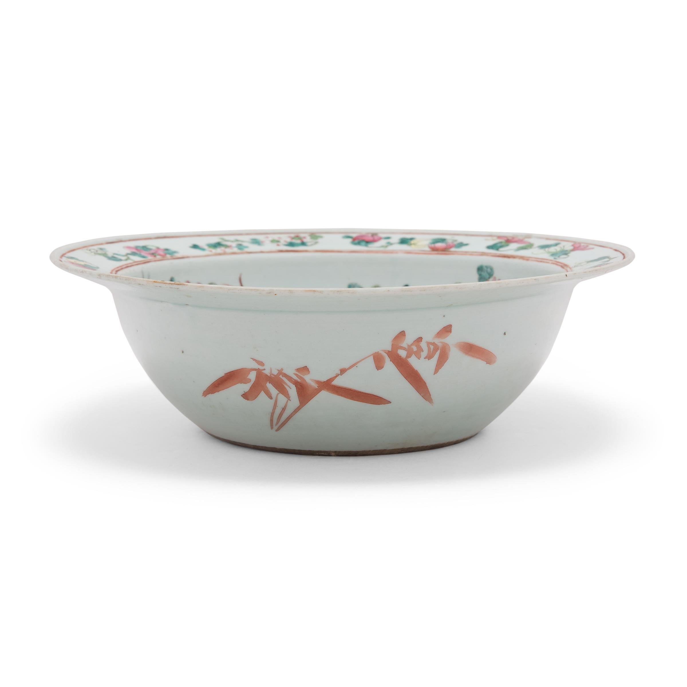 Enameled Chinese Famille Rose Bowl with Pheasant and Chrysanthemums, c. 1900 For Sale