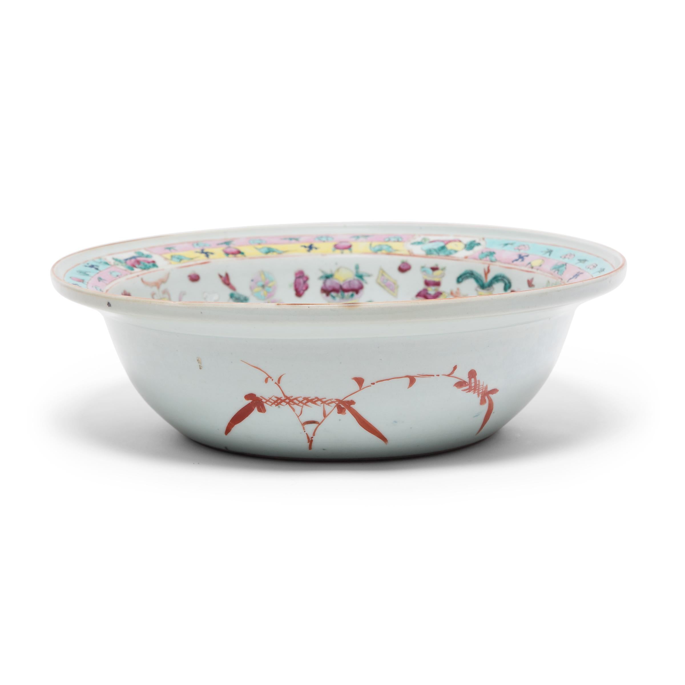 Qing Chinese Famille Rose Bowl with Scholars' Objects, c. 1850 For Sale