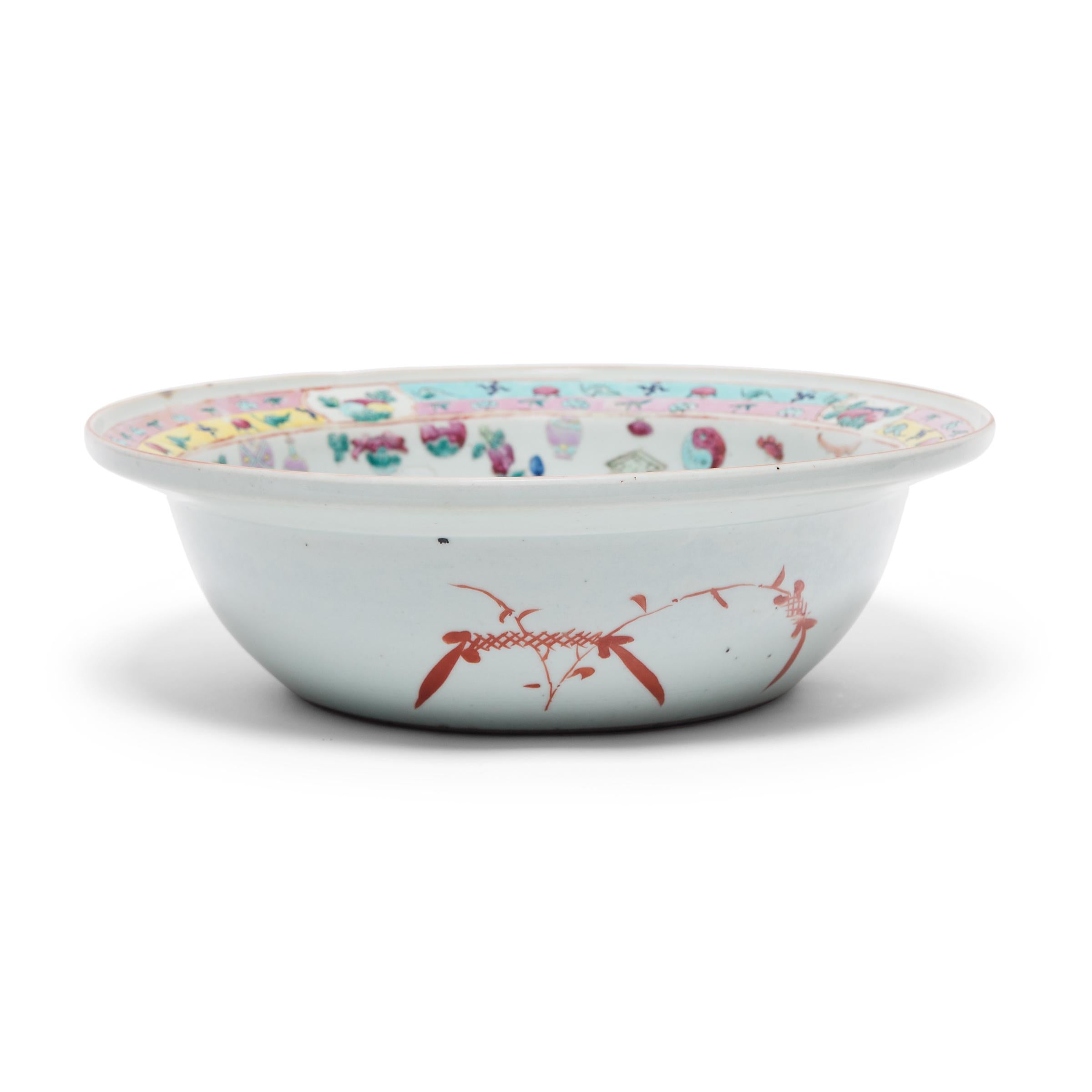 Enameled Chinese Famille Rose Bowl with Scholars' Objects, c. 1850 For Sale
