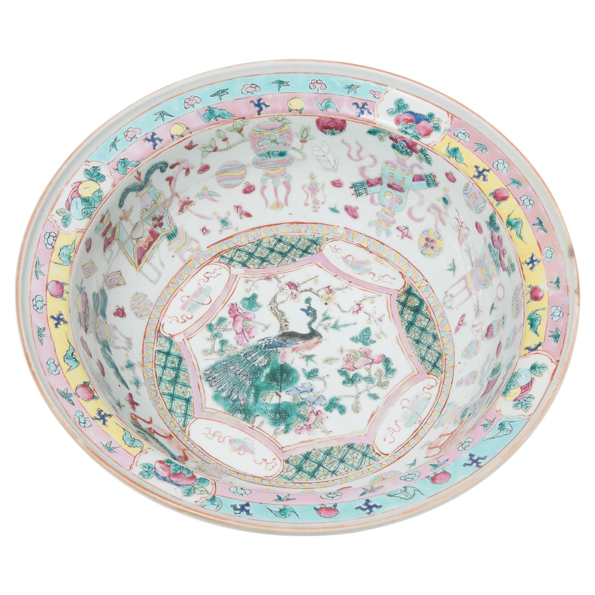 Chinese Famille Rose Bowl with Scholars' Objects, c. 1850 For Sale