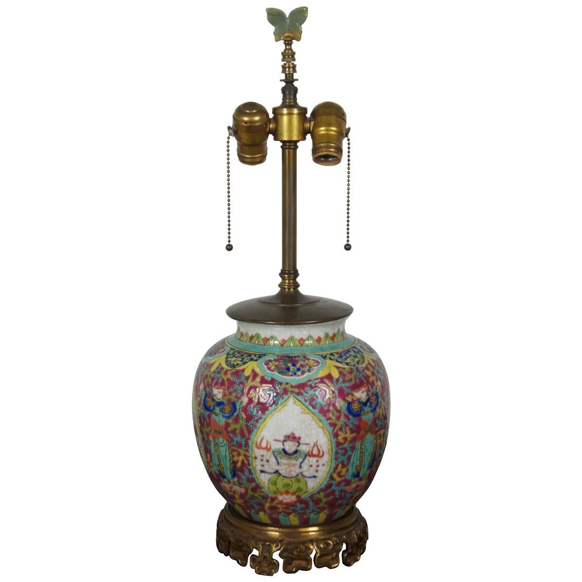 Chinese Famille Rose Bronze and Porcelain Ginger Jar Table Lamp Chinoiserie