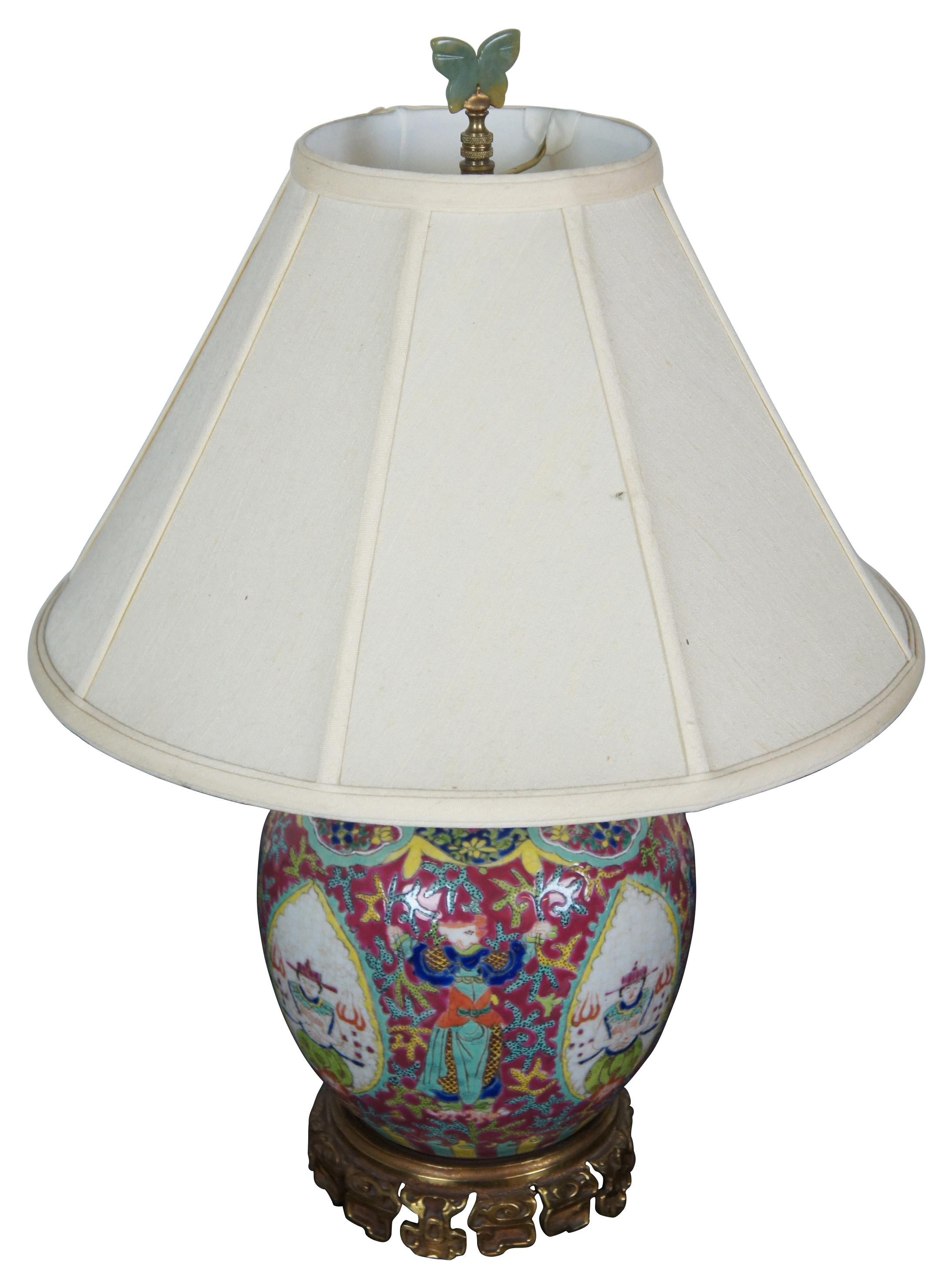 Chinese Famille Rose Bronze and Porcelain Ginger Jar Table Lamp Chinoiserie In Good Condition In Dayton, OH
