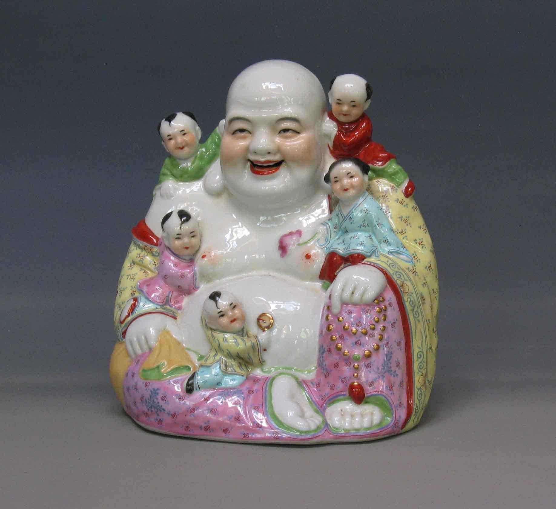 Chinese Export Chinese Famille Rose Buddha Budai And Boys Group   20th Century For Sale