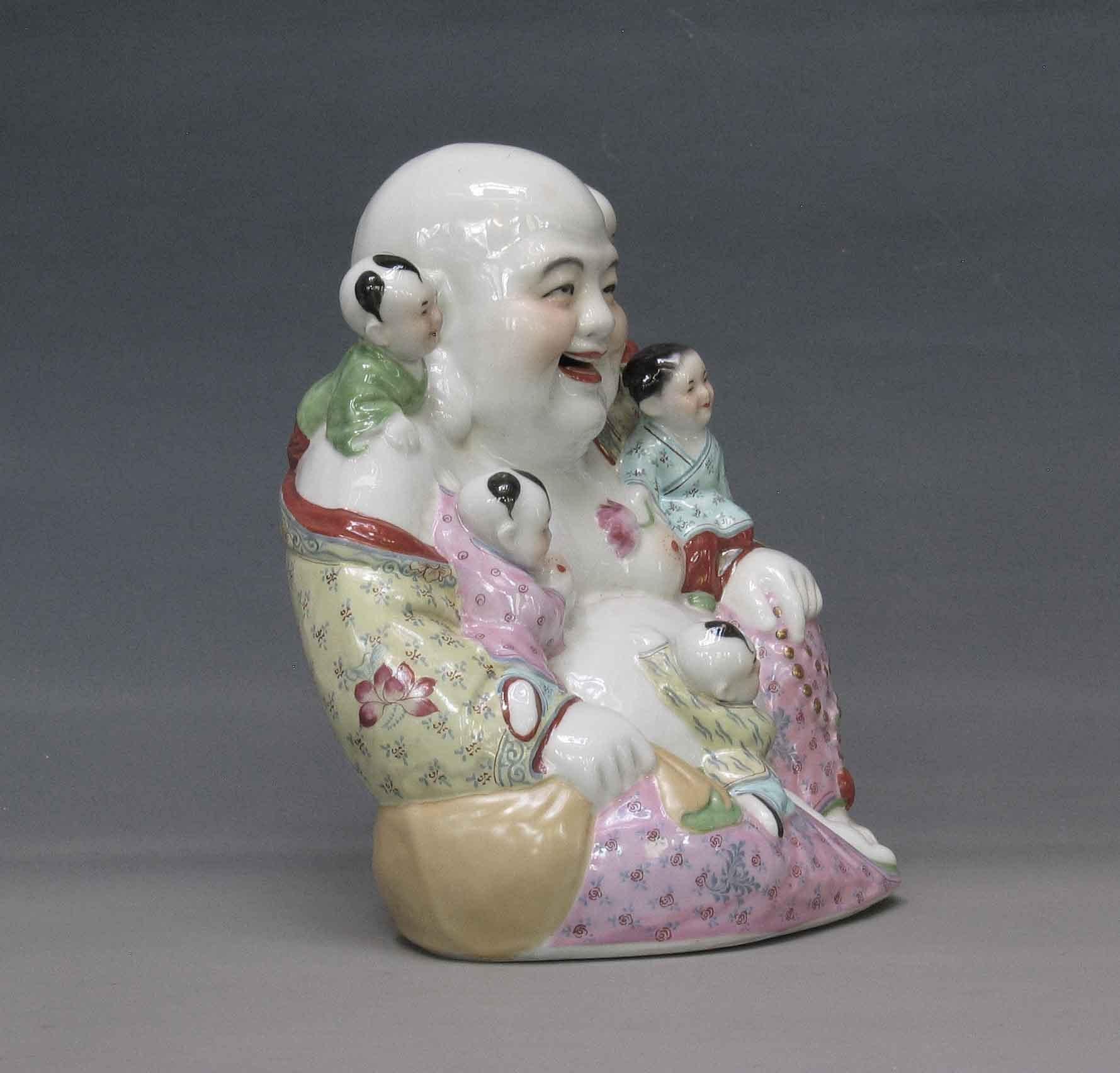 Pottery Chinese Famille Rose Buddha Budai And Boys Group   20th Century For Sale