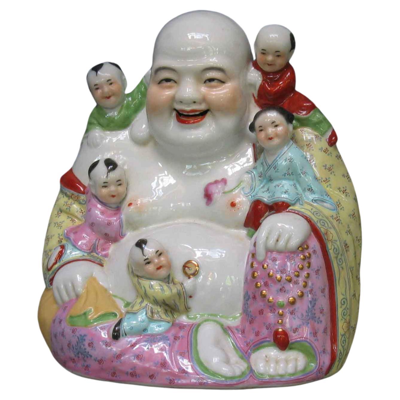 Chinese Famille Rose Buddha Budai And Boys Group   20th Century For Sale