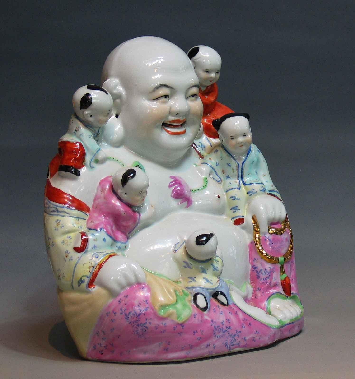 Pottery Chinese Famille Rose Buddha Budai & Boys Group