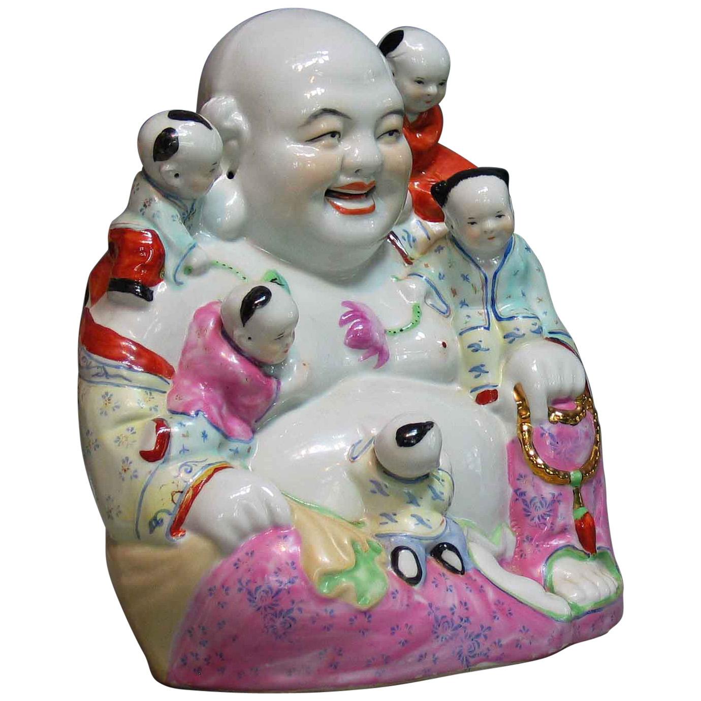 Chinese Famille Rose Buddha Budai & Boys Group