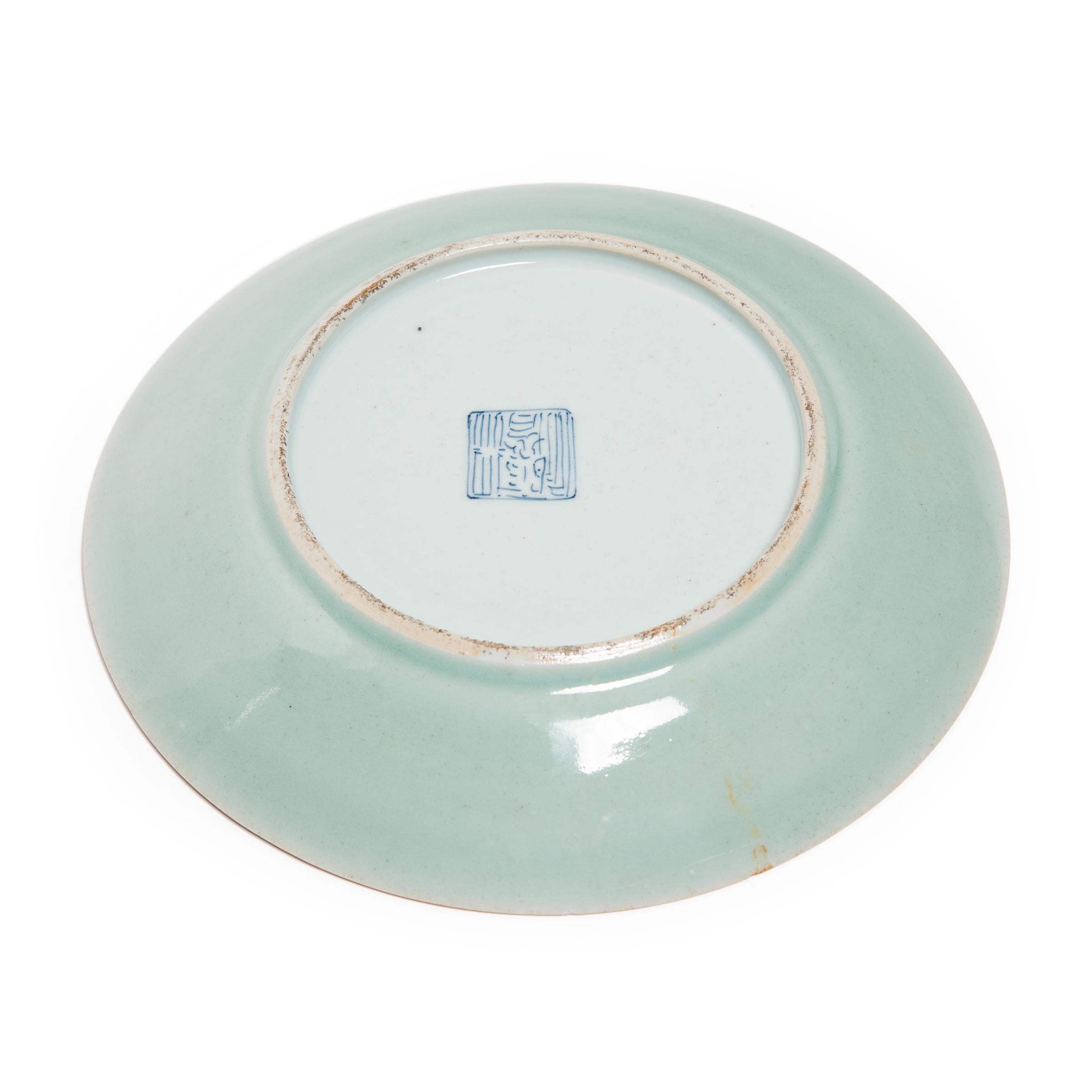 Chinese Famille Rose Celadon Plate In Good Condition In Chicago, IL