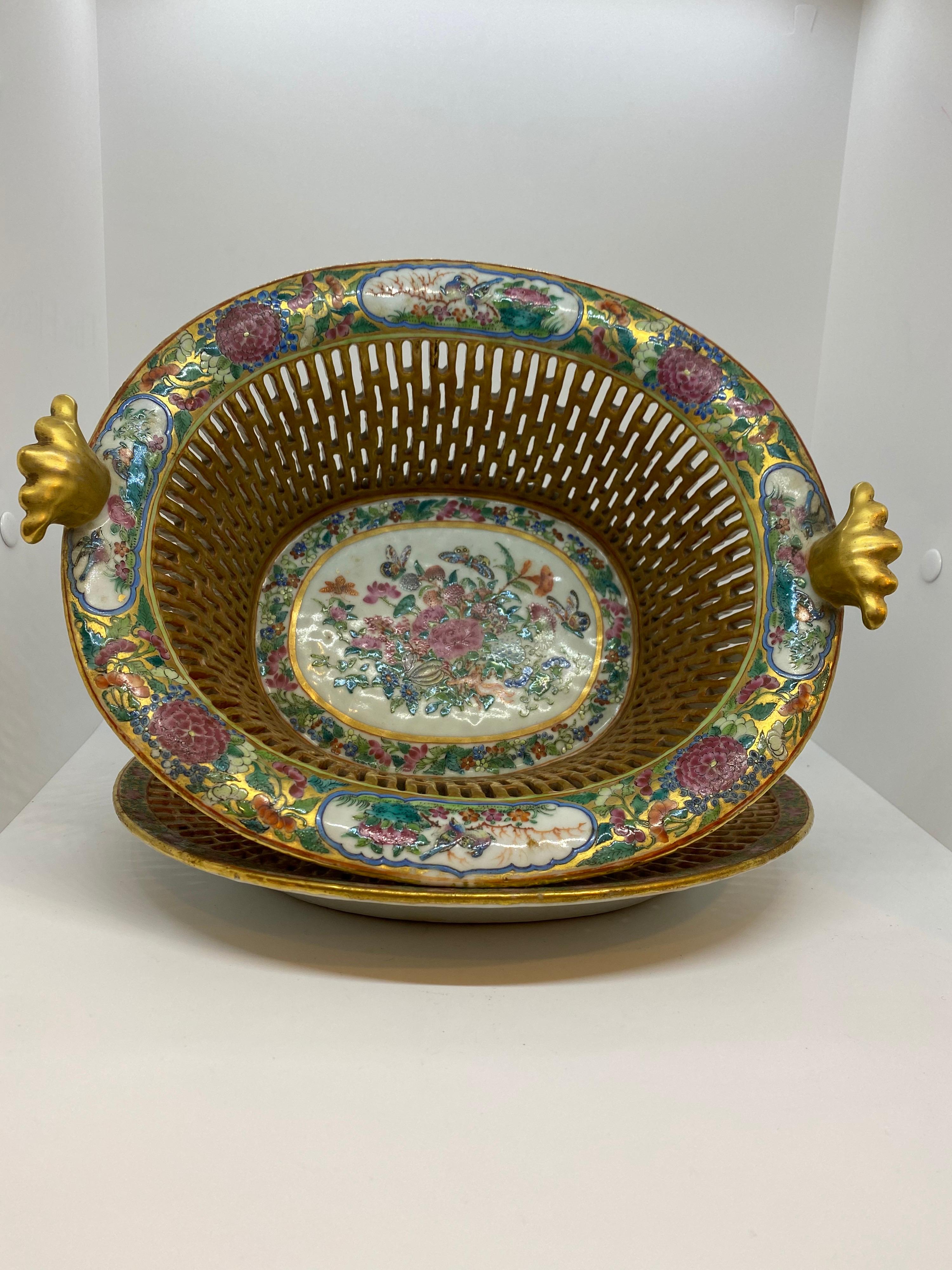 Rare Chinese Famille Rose chestnut basket with underplate. Basket is pierced and gilt all-over with decorated bottom and rims.