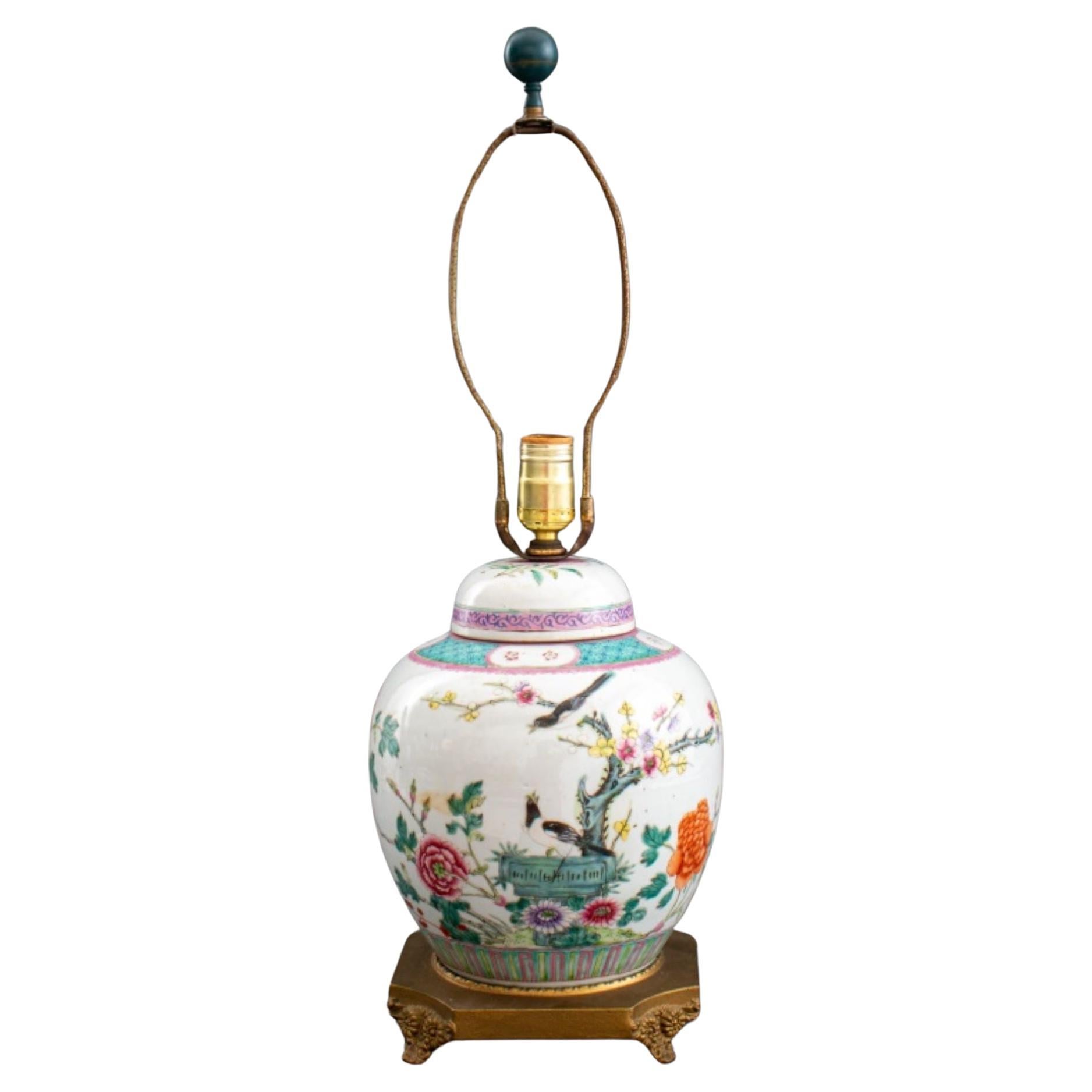 Chinese Famille Rose Covered Ginger Jar Lamp For Sale