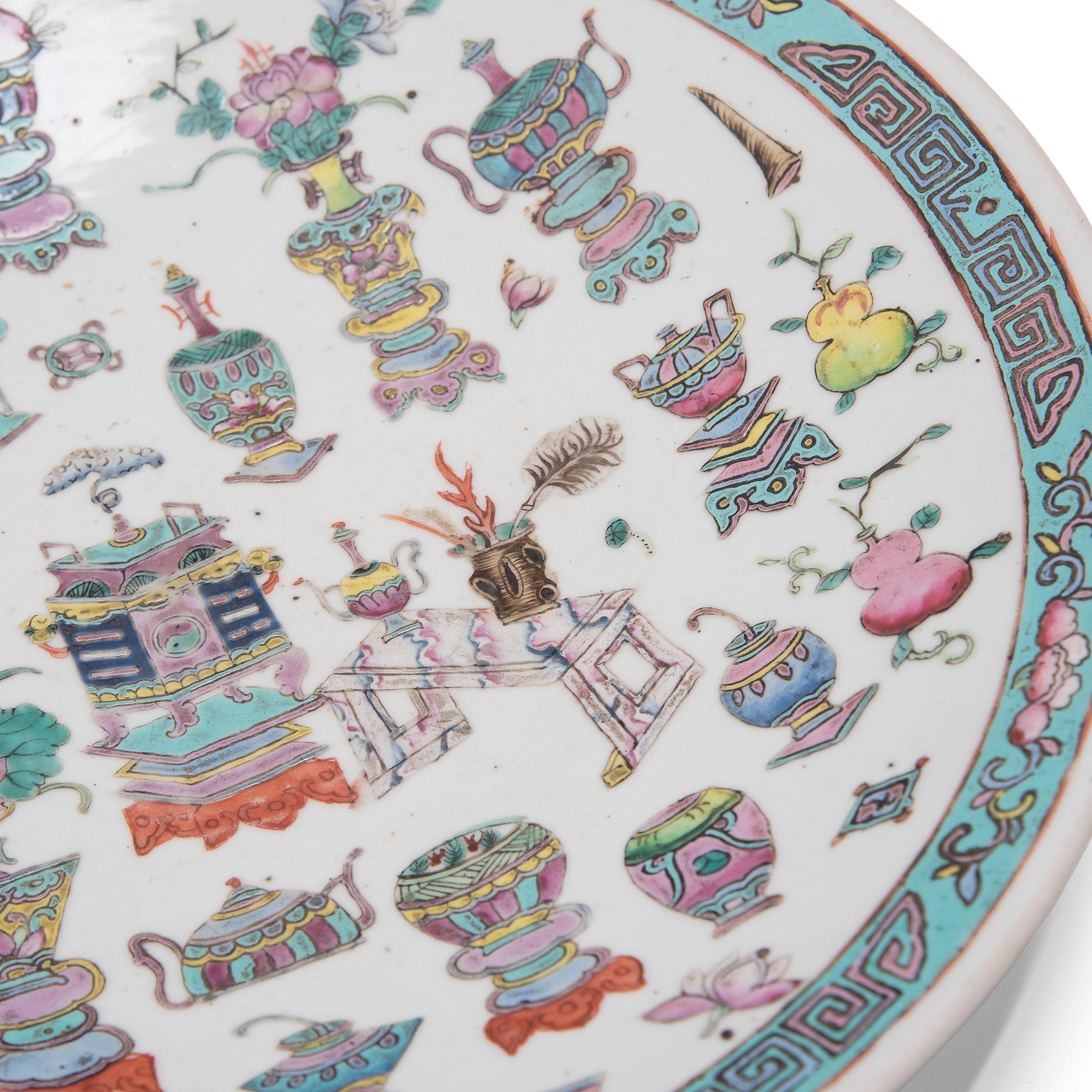 Enameled Chinese Famille Rose Dish with Scholars' Objects, c. 1900