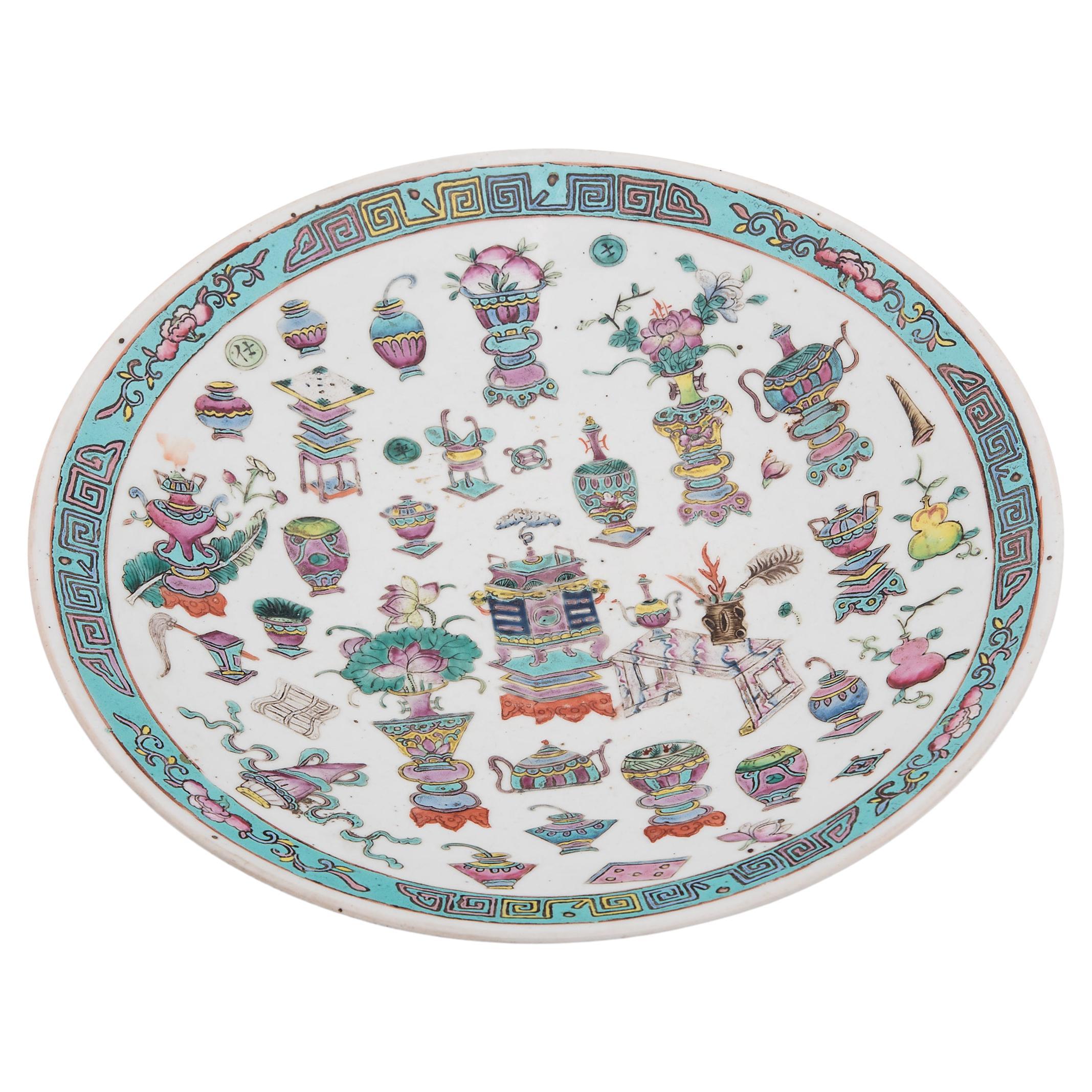 Chinese Famille Rose Dish with Scholars' Objects, c. 1900