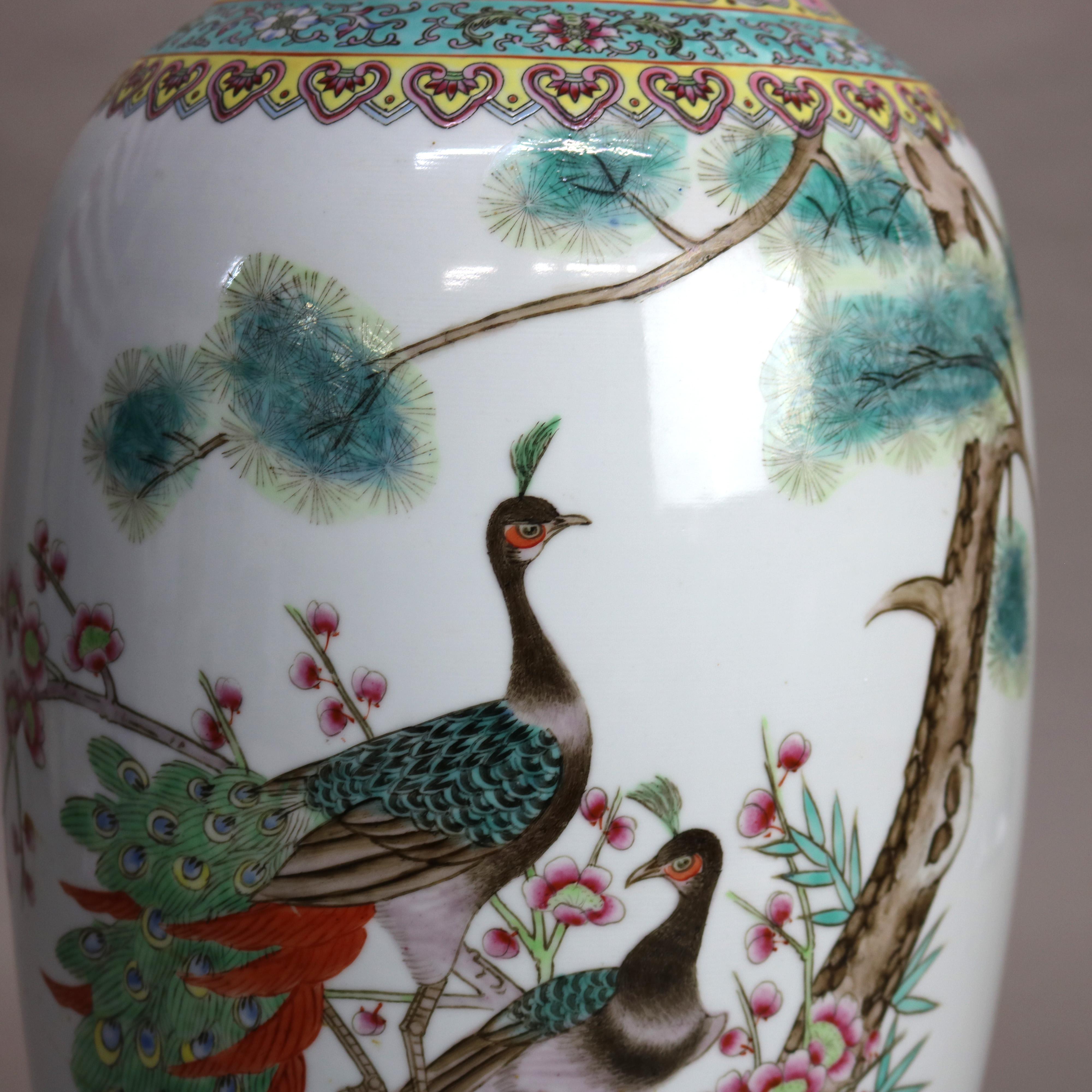 Chinese Famille Rose Enameled Floor Vase with Peacock 20thC In Good Condition In Big Flats, NY