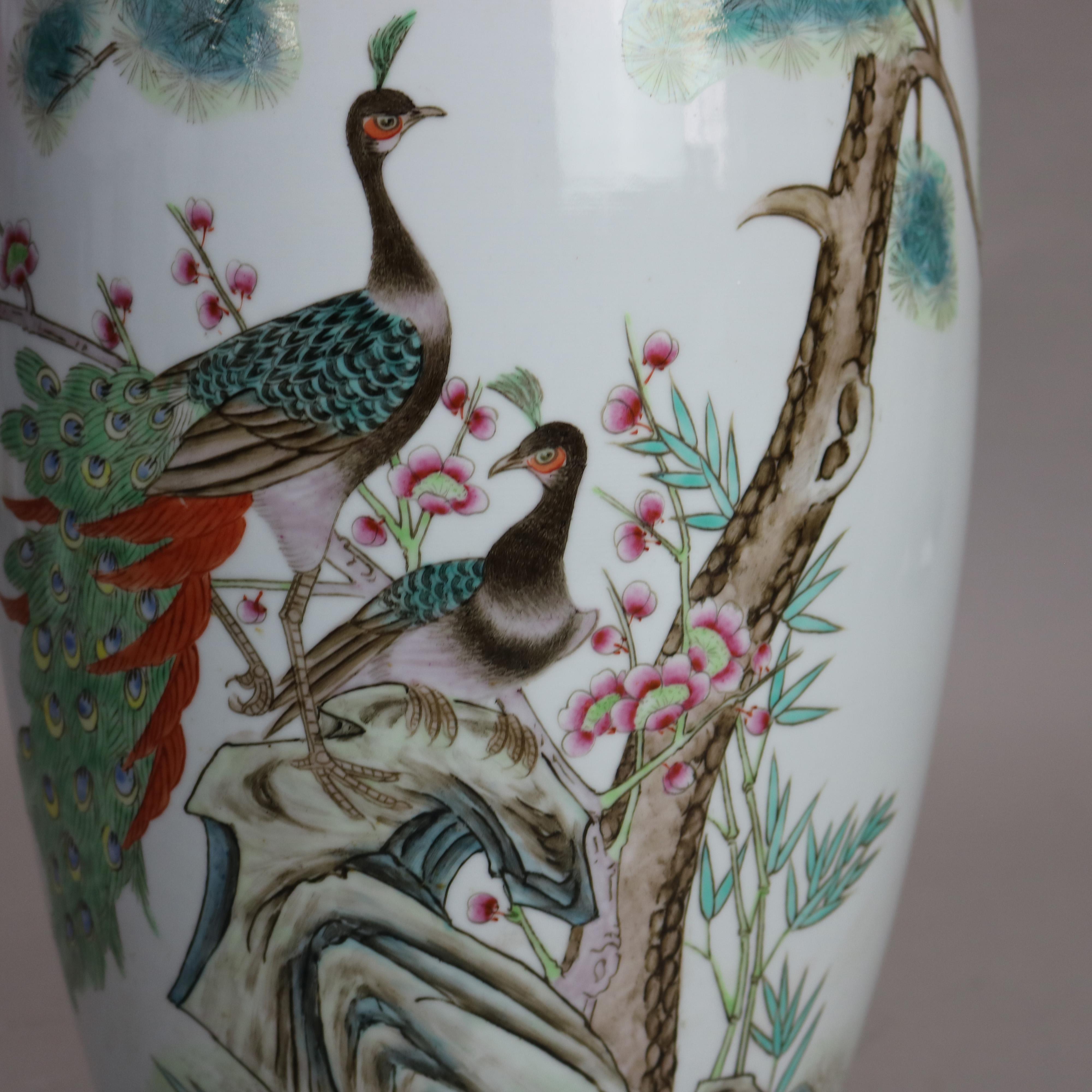20th Century Chinese Famille Rose Enameled Floor Vase with Peacock 20thC