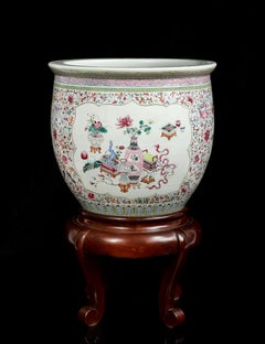 Chinese Famille Rose Fish Bow/Jardiniere w/ Painted Scholar Items, on stand Qing