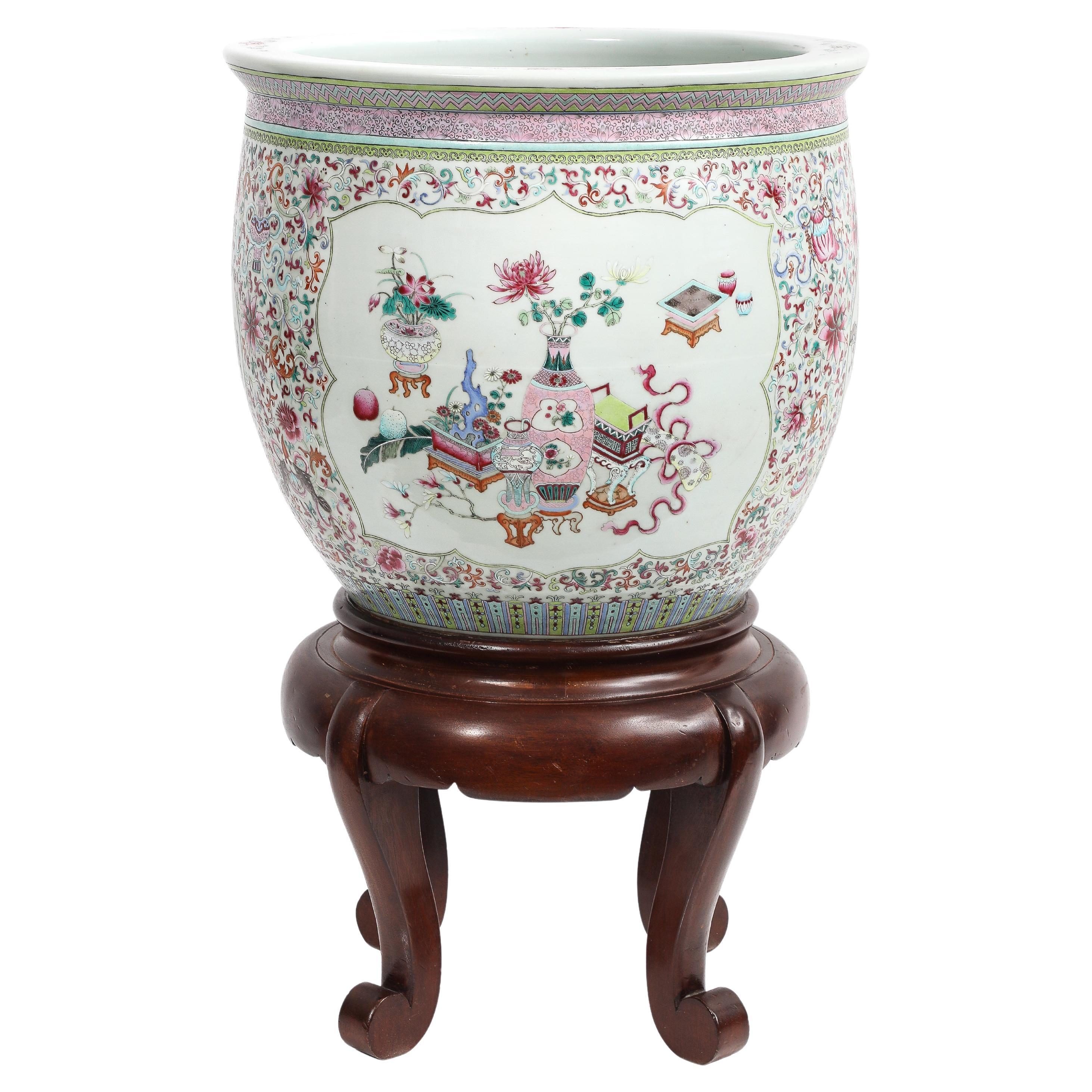 Chinese Famille Rose Fish Bow/Jardiniere w/ Painted Scholar Items, on stand Qing For Sale