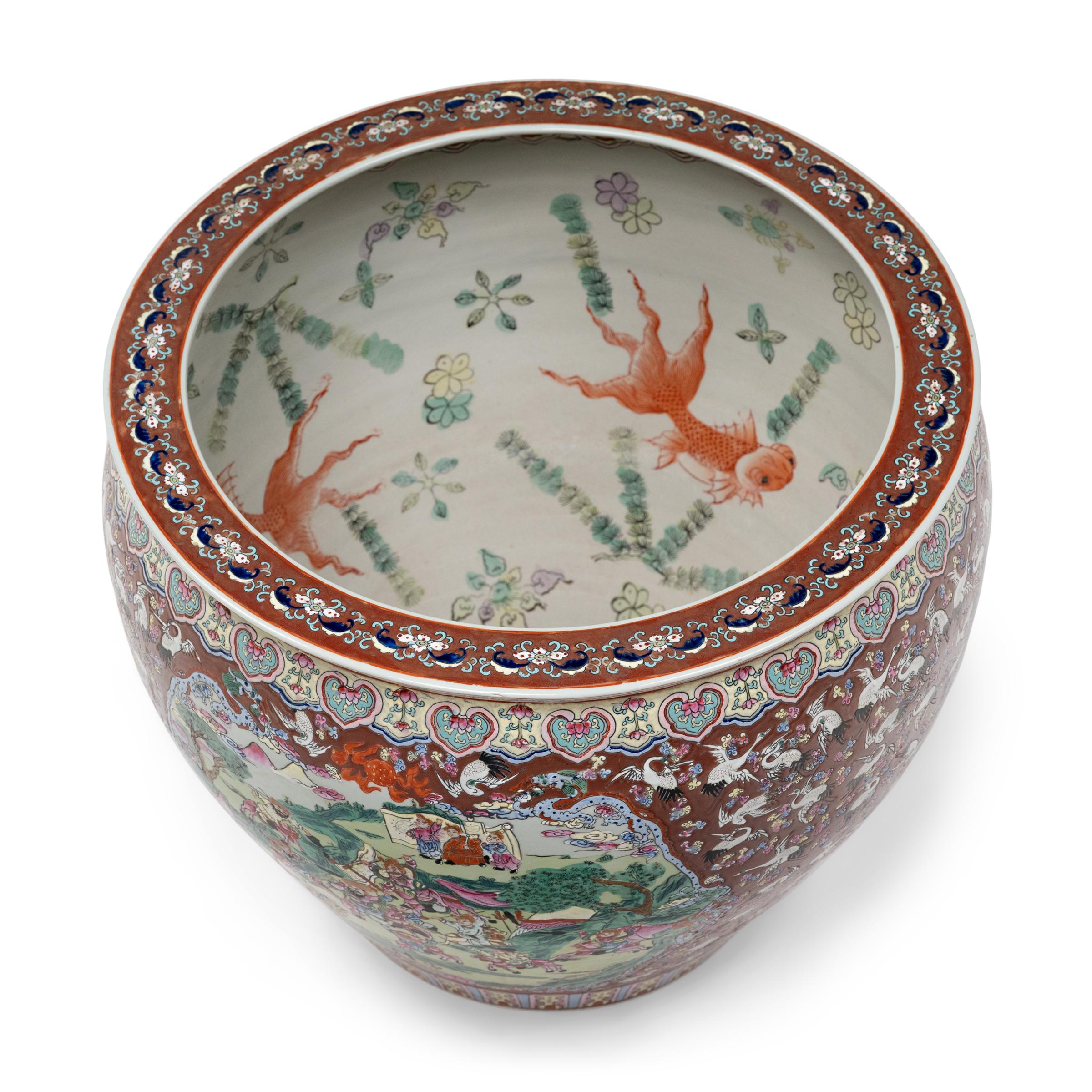 Enameled Chinese Famille Rose Fish Bowl with One Hundred Cranes
