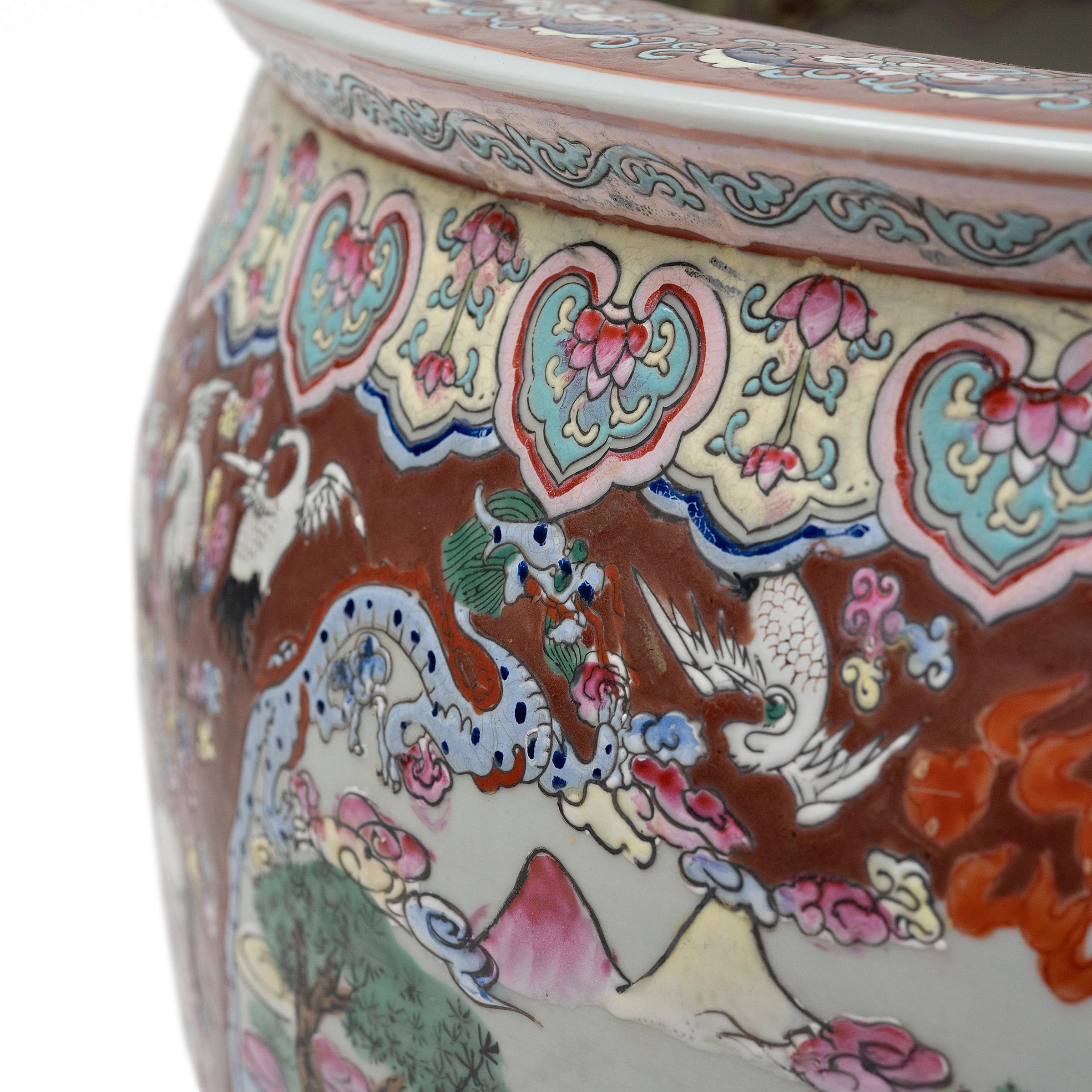 20th Century Chinese Famille Rose Fish Bowl with One Hundred Cranes