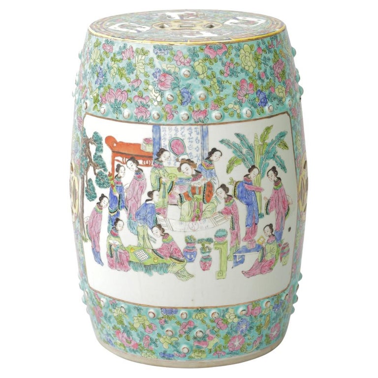 Tabouret Céramique Chinois Poissons Koi Bleu Blanc - Diamètre 33 Cm, Hauteur 46 Cm, Fait Main, Pour Jardin Ou Intérieur
