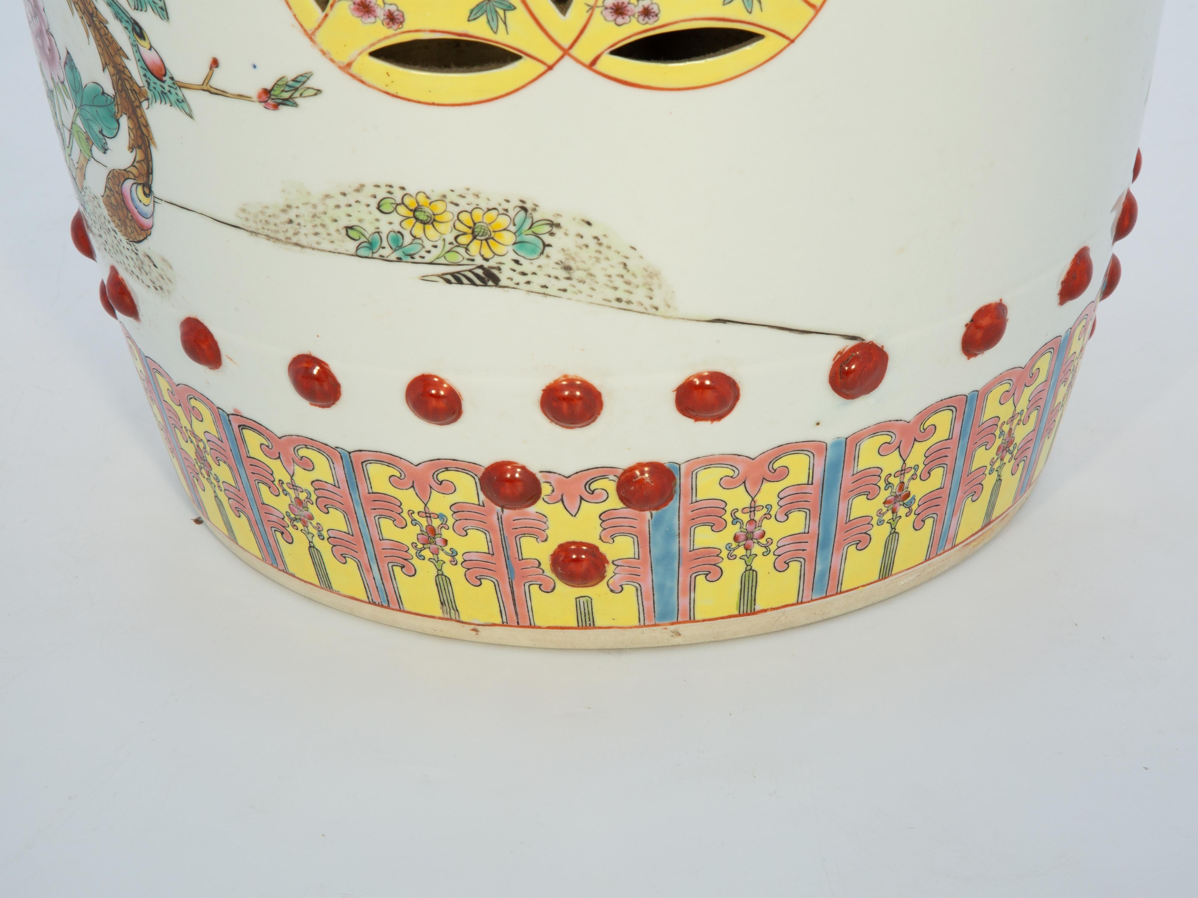 Famille Rose garden seat, of hand-painted porcelain. The traditional studded drum shape is intricately decorated in a pastel palette of blues, greens, yellows, and pinks, its body decorated with a variety of colorful birds perched and in flight